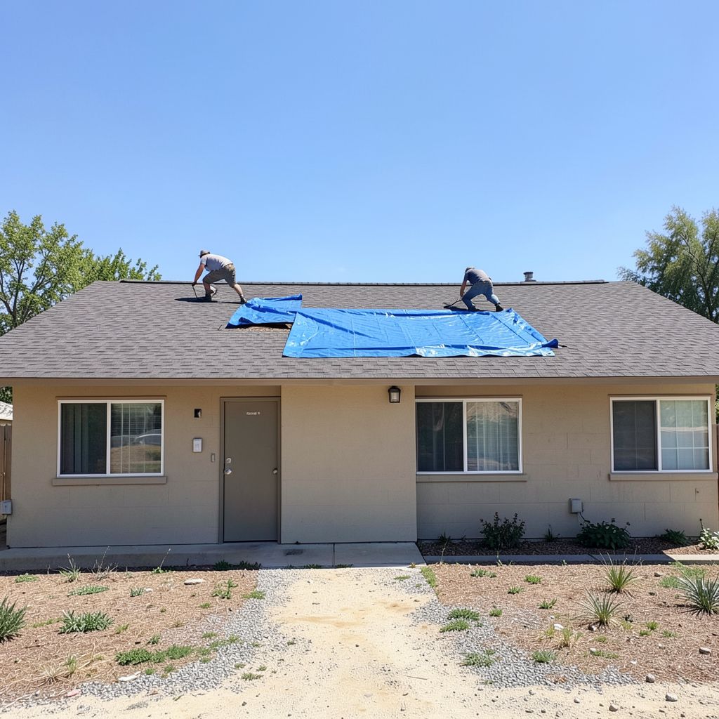 A roofer installs weathered wood tone asphalt shingles on a single-story stucco home in Temecula California.