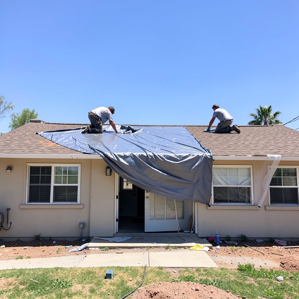 A roofer installs new shingles on a two-story stucco home in Temecula California with clean shadow lines.