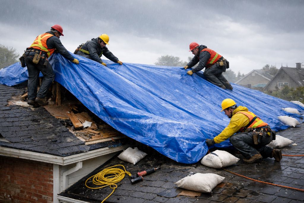 Roofers install a blue tarp on a residential roof in Temecula, California to protect it from rain.