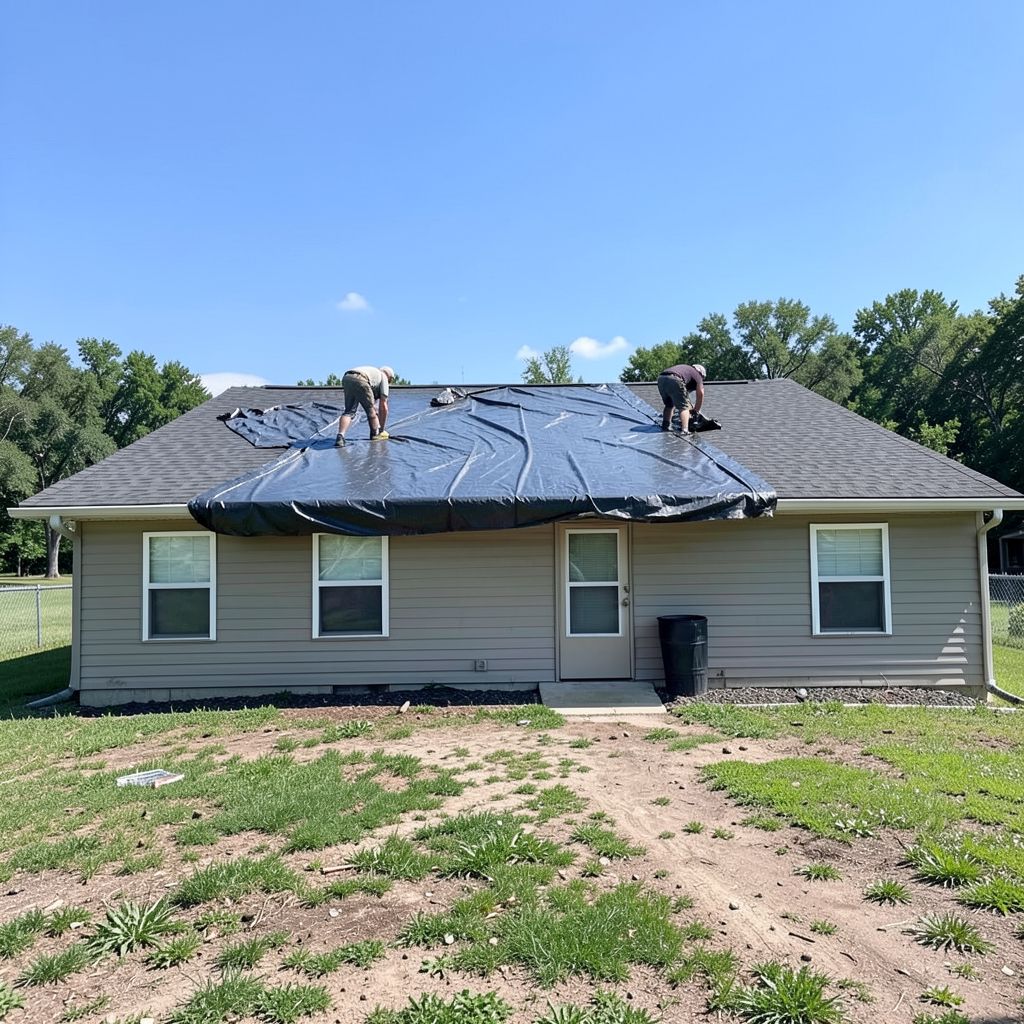 Two roofers performing emergency roofing repairs on a single-story residential home in French Valley Riverside County.
