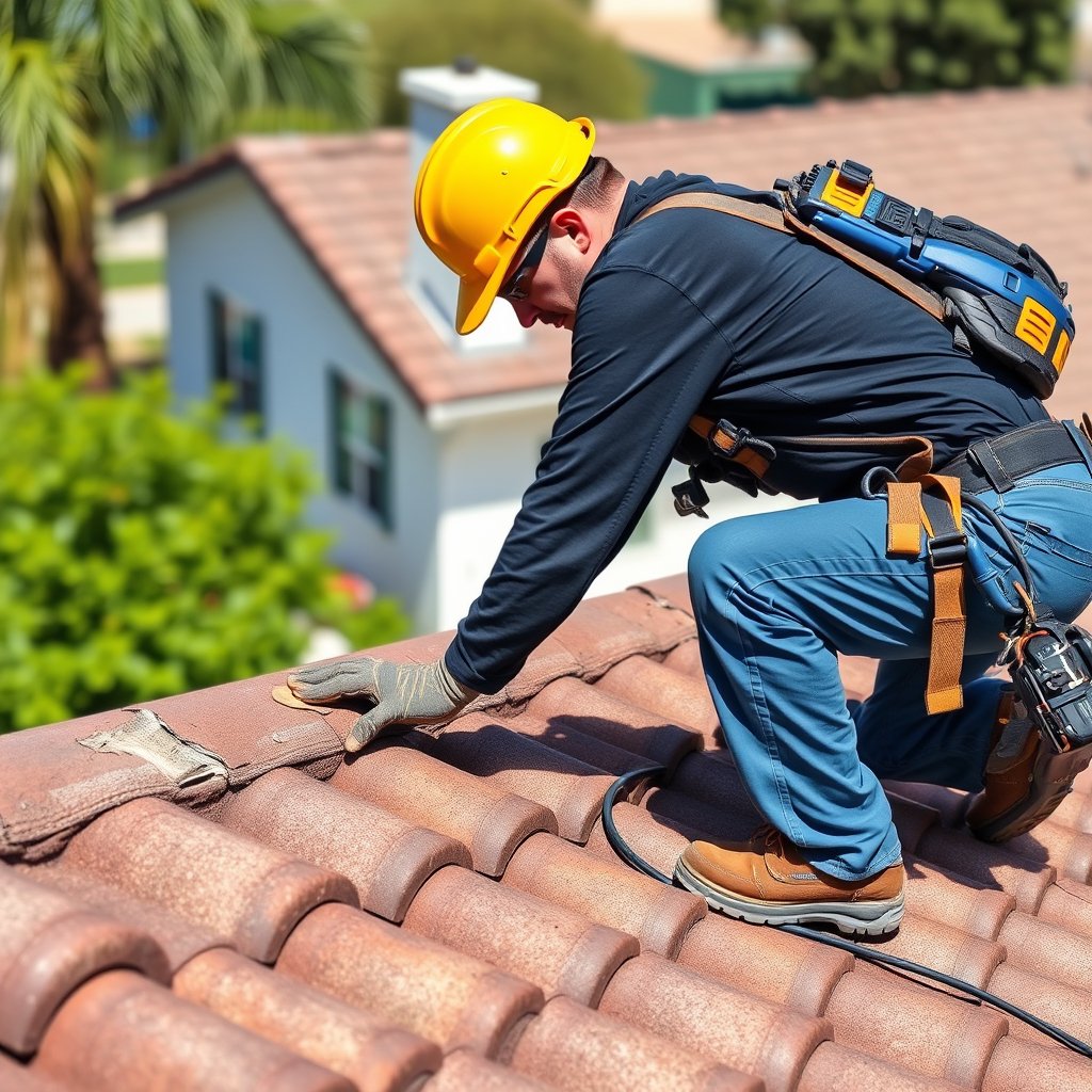 Roofing services in progress on a residential roof in Lake Elsinore Riverside County with surrounding palm trees and houses.