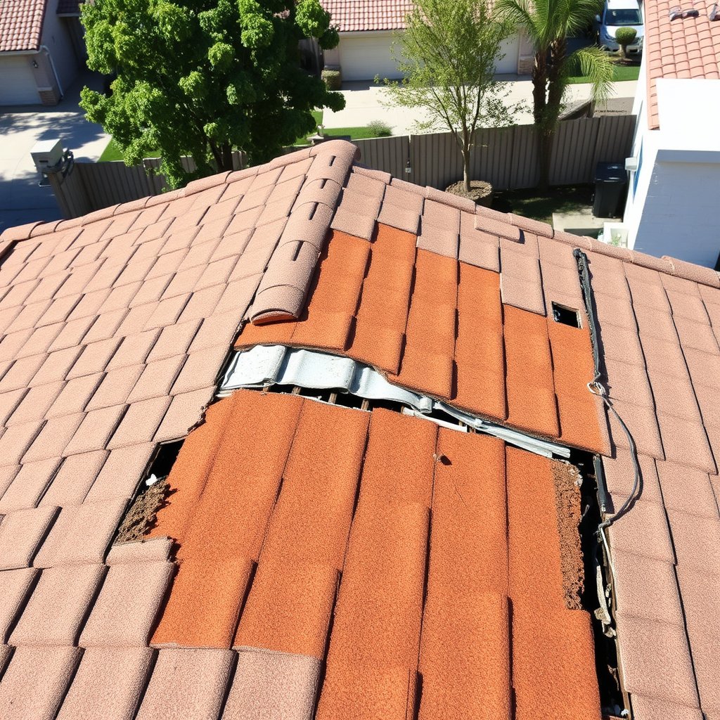 Roofing repair service in progress on a residential roof in Murrieta Riverside County.
