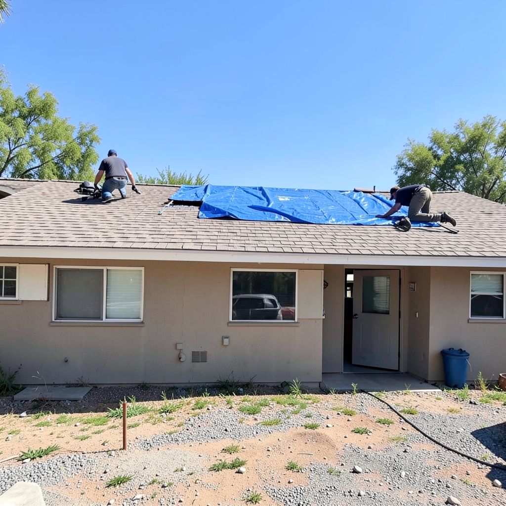 Emergency roofing repair in progress on a single-story residential home in Temecula, Riverside County.