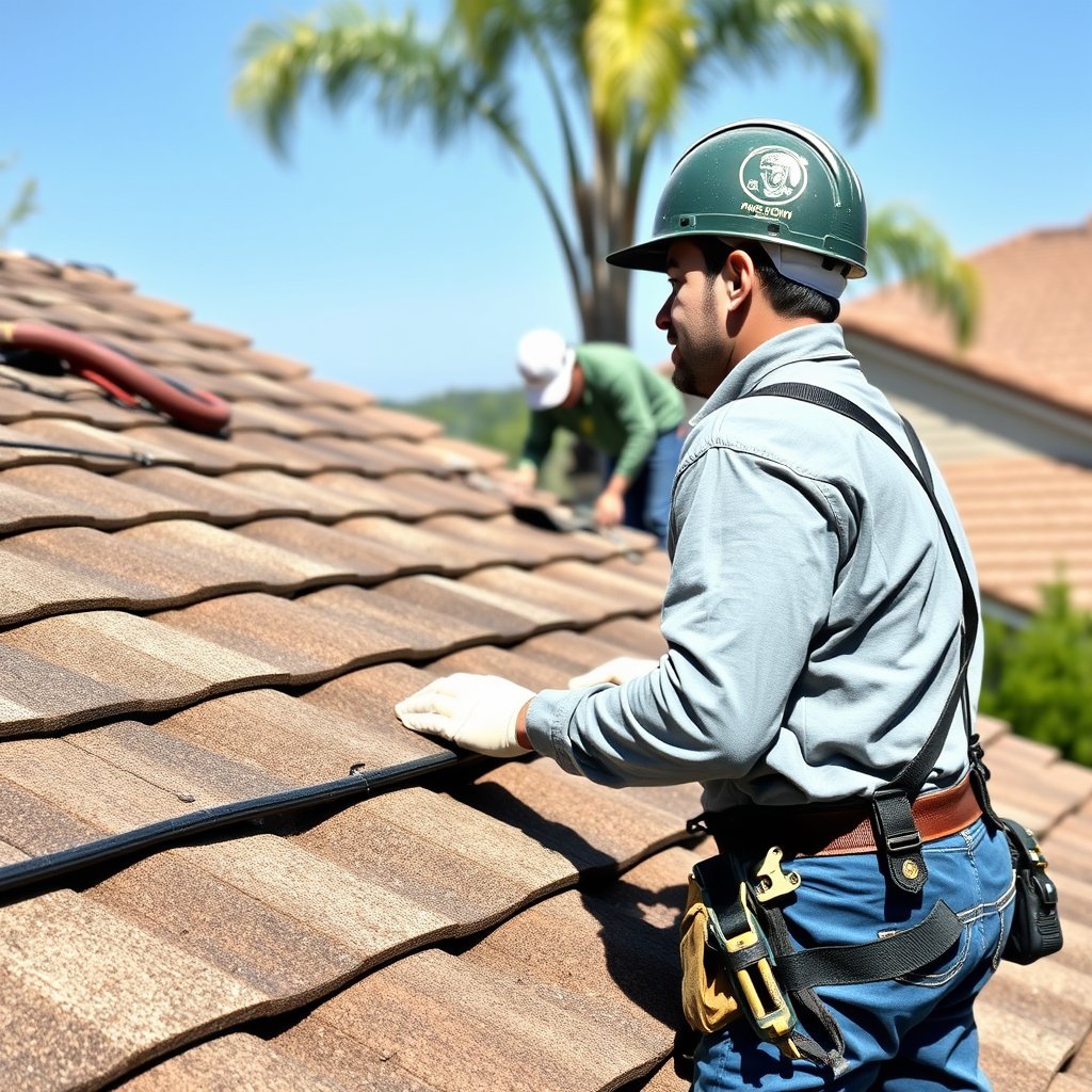 Roofing technician inspects and repairs roofing damage on a brown-tiled roof in Winchester Riverside County.