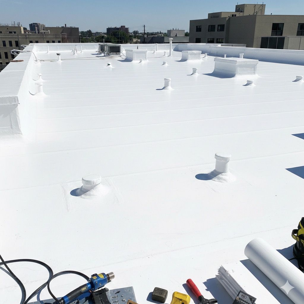 Roofing professional installs new roofing material on a flat roof in Temecula, California.