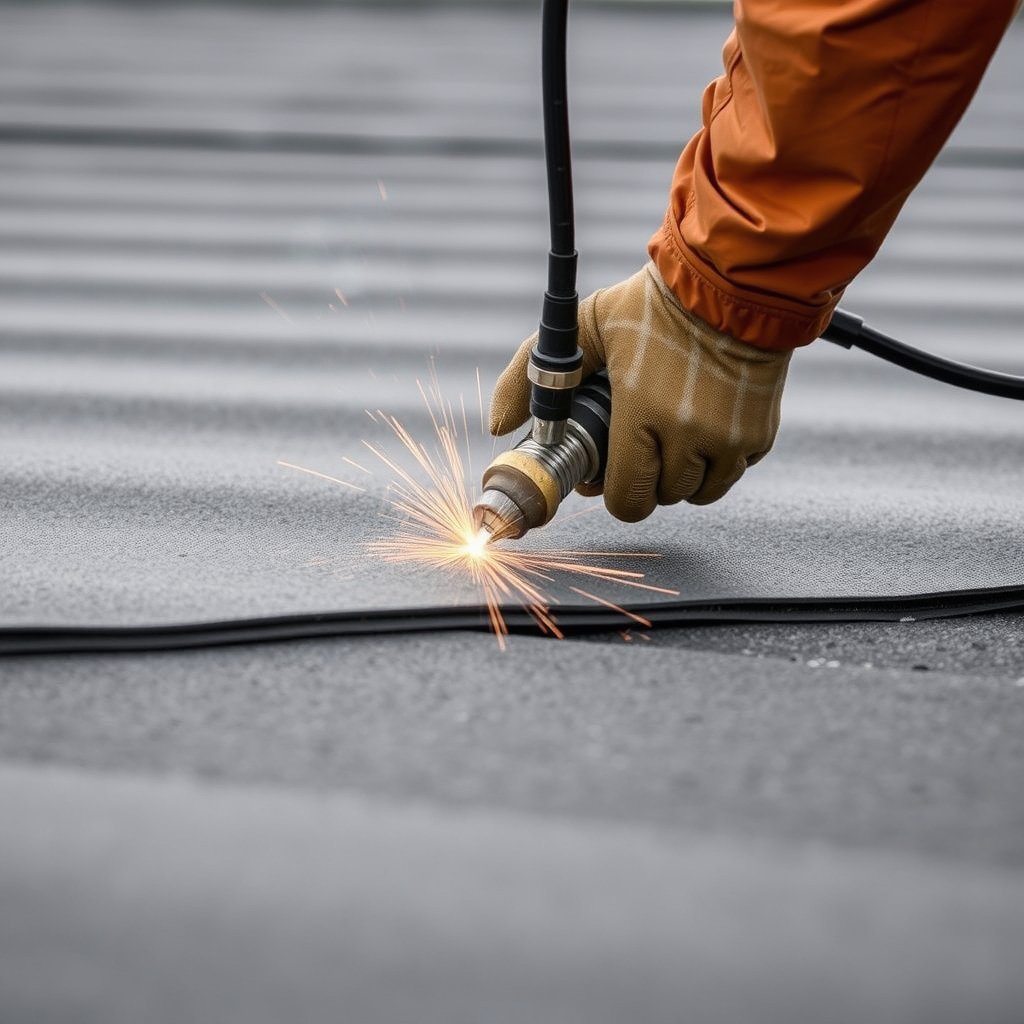 Roofing professional cuts roofing underlayment with handheld tool on a residential roof in Temecula California.