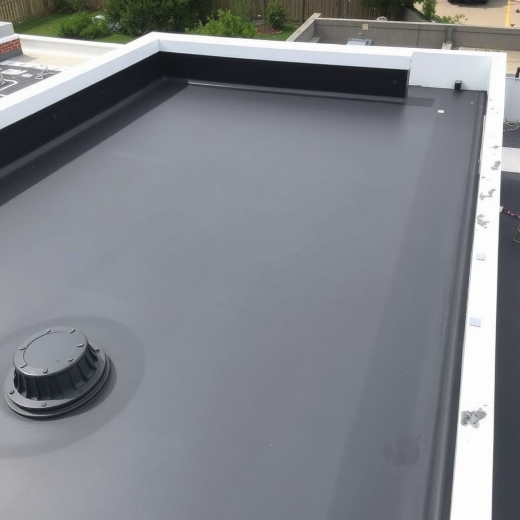Roofing professionals inspect and maintain a flat roof with a vent in a residential yard in Temecula, California.