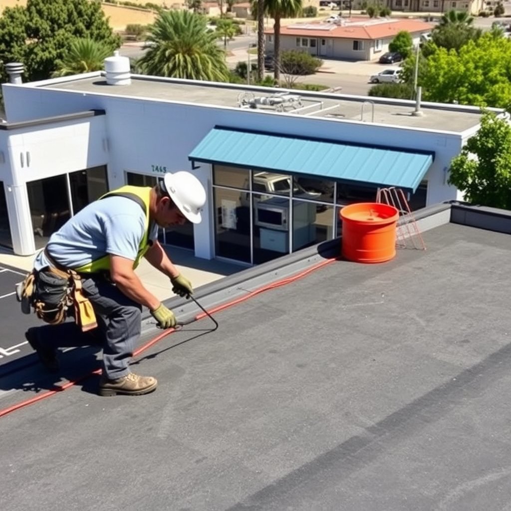 Roofing technician applies sealant to the edge of a flat roof in Fallbrook San Diego County.