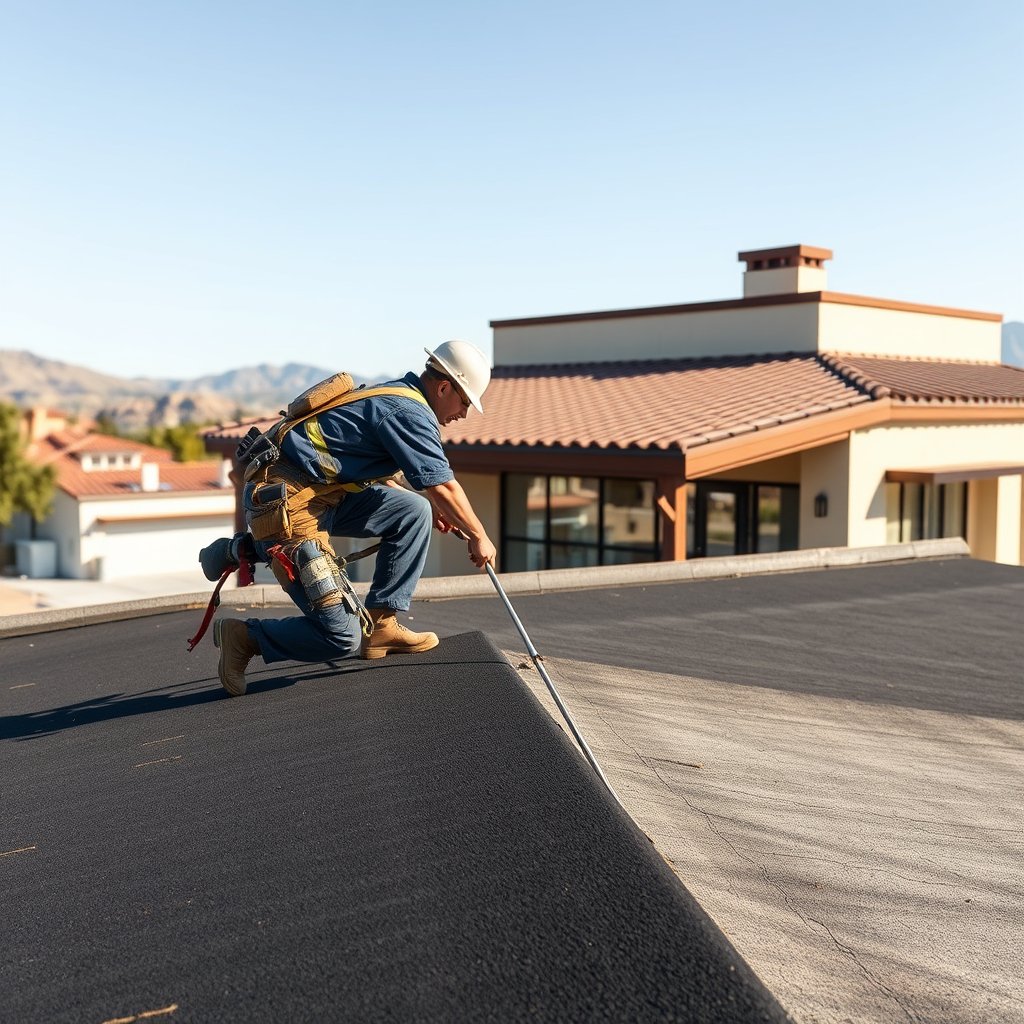 Roofing underlayment installation on a commercial roof in French Valley Riverside County.