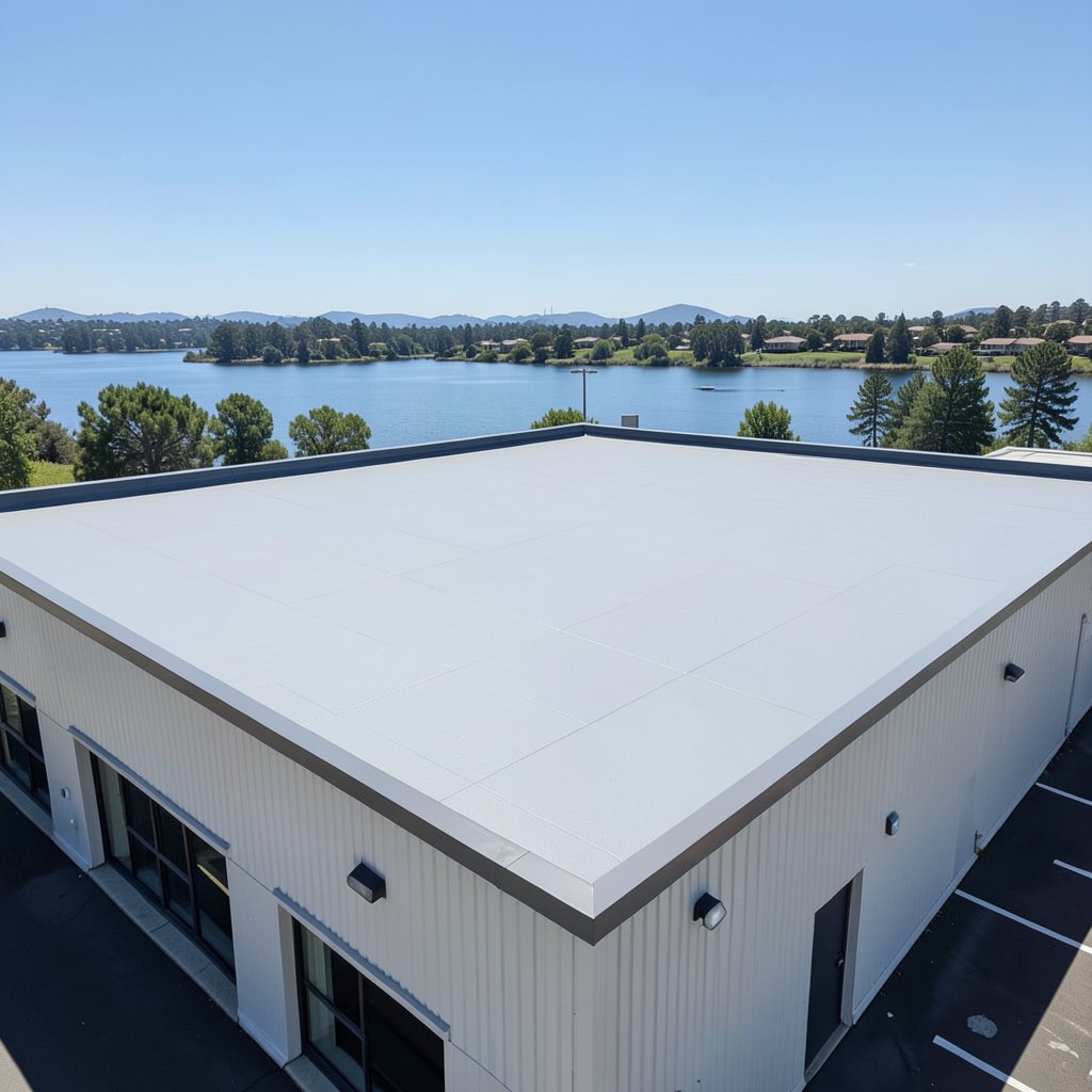 A TPO flat roof installation on a retail building in Lake Elsinore, Riverside County.