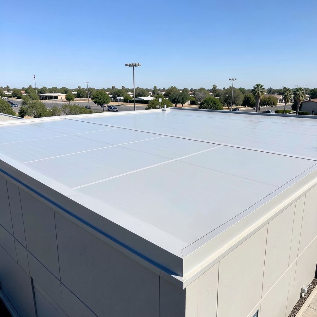 Roofing professional inspects TPO flat roof on low-rise commercial building in Murrieta, Riverside County.