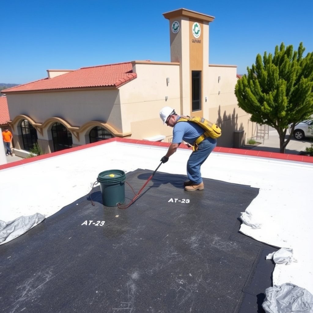 Roofing professionals apply sealant to a rooftop surface in Temecula Riverside County.