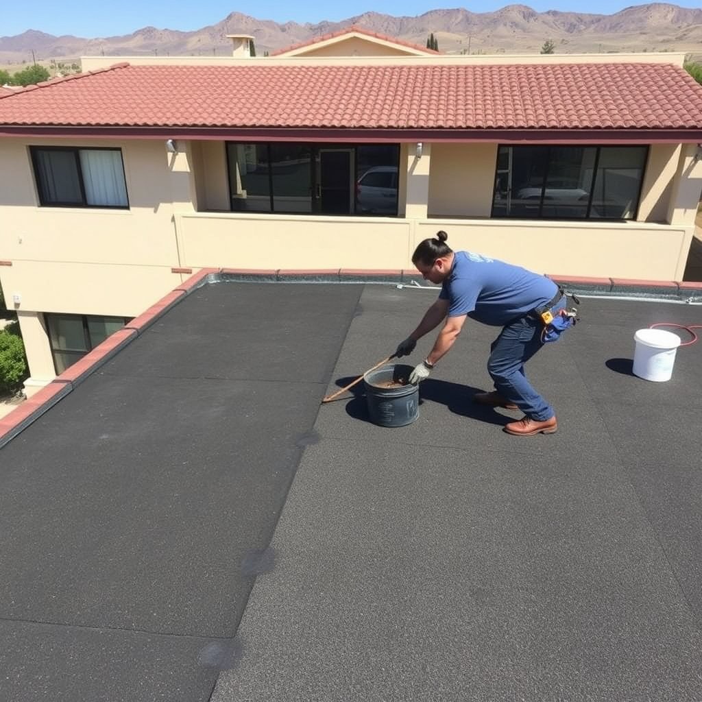 Roofing technician applies sealant to flat roof in Winchester Riverside County using a long-handled brush and bucket.