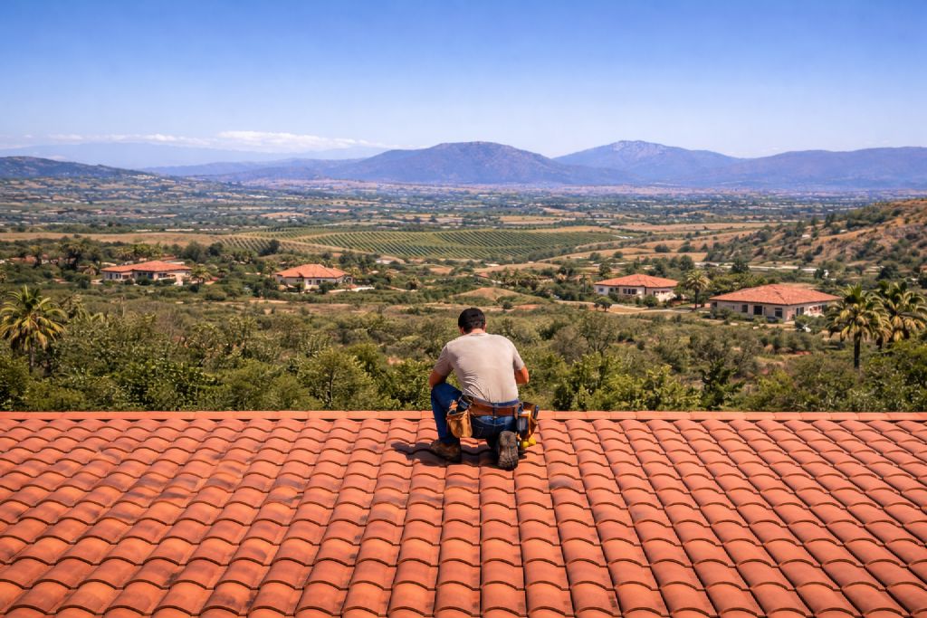 Roofing contractor in Temecula, CA, performs roofing repairs on a residential tiled roof.