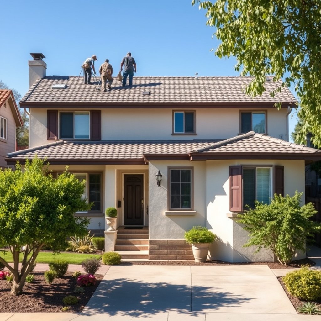 Two roofers working on a new roof installation at a single-story residential home in Temecula California.