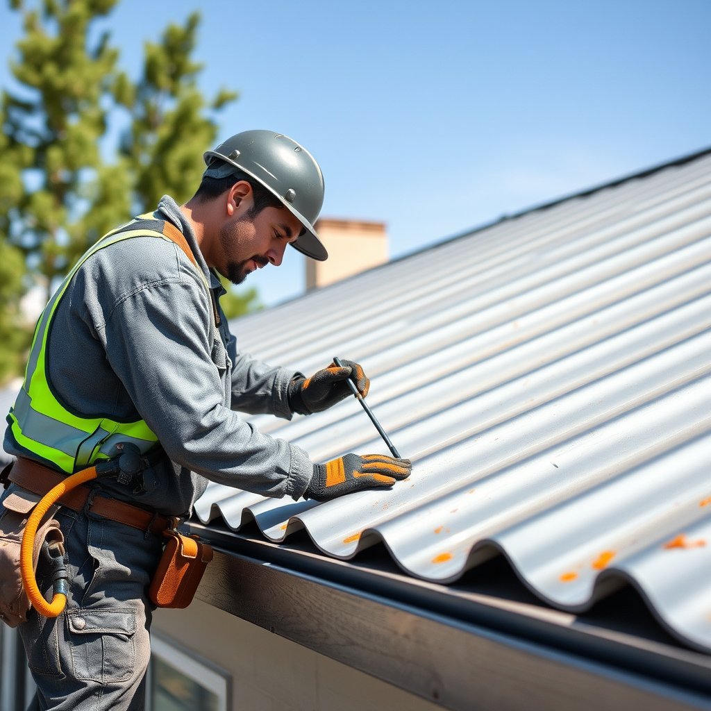 Roofing professional secures metal roofing panel in place with roofing nail in Fallbrook San Diego County.