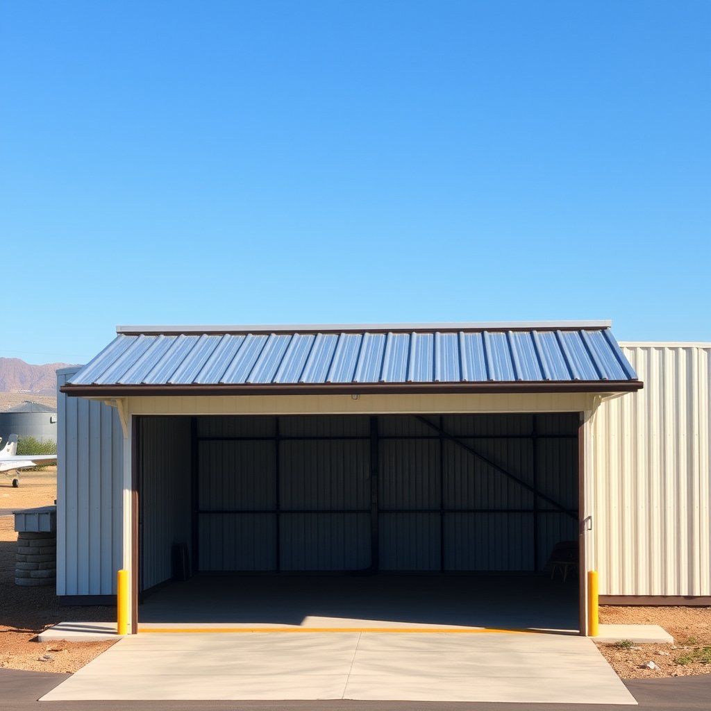 Roofing technicians inspecting a metal hangar roof in French Valley Riverside County.