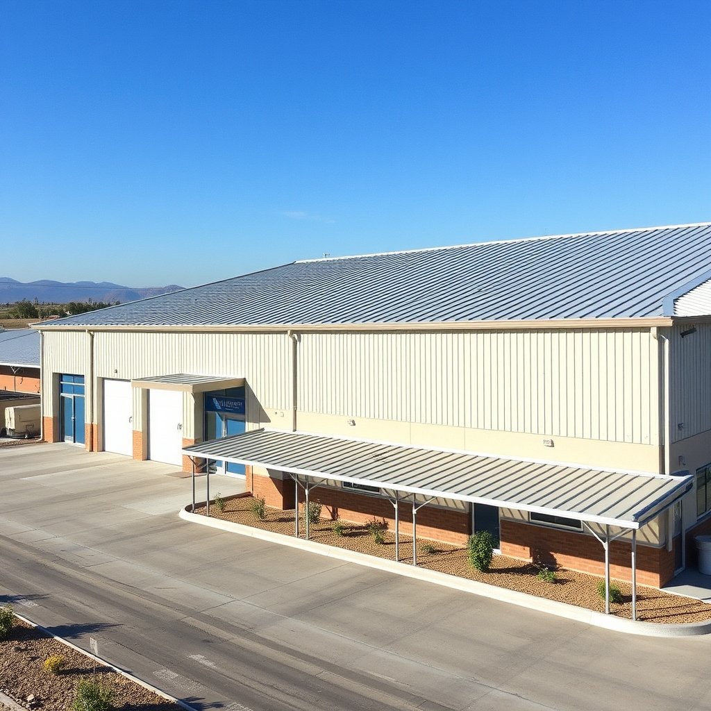 Roofing maintenance in progress on a metal roofed industrial building in Menifee Riverside County.