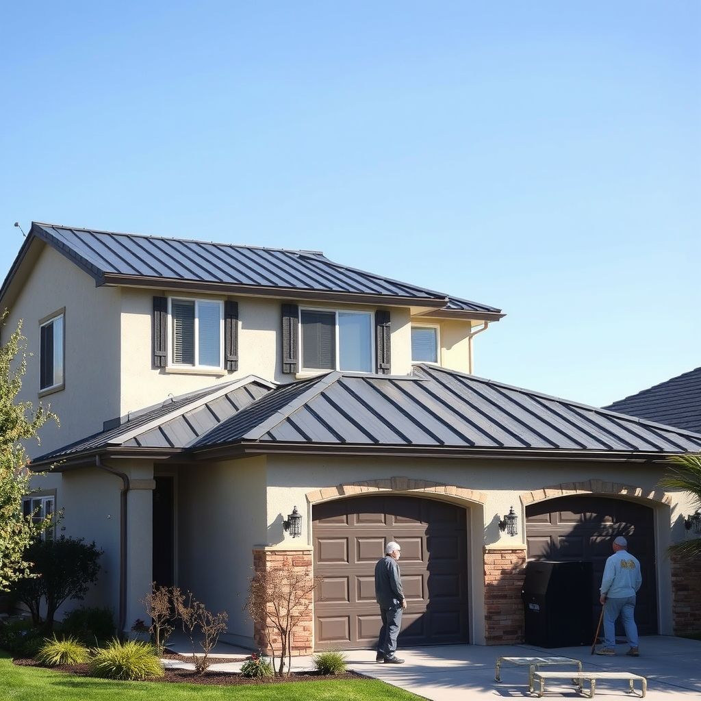A roofer installs metal panels on a charcoal standing-seam metal roof in Wildomar, Riverside County.