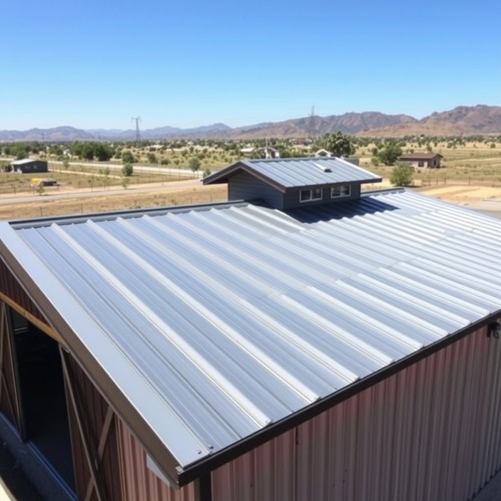 Roofing professionals inspecting a metal roof with a small dormer on a house in rural Winchester Riverside County.