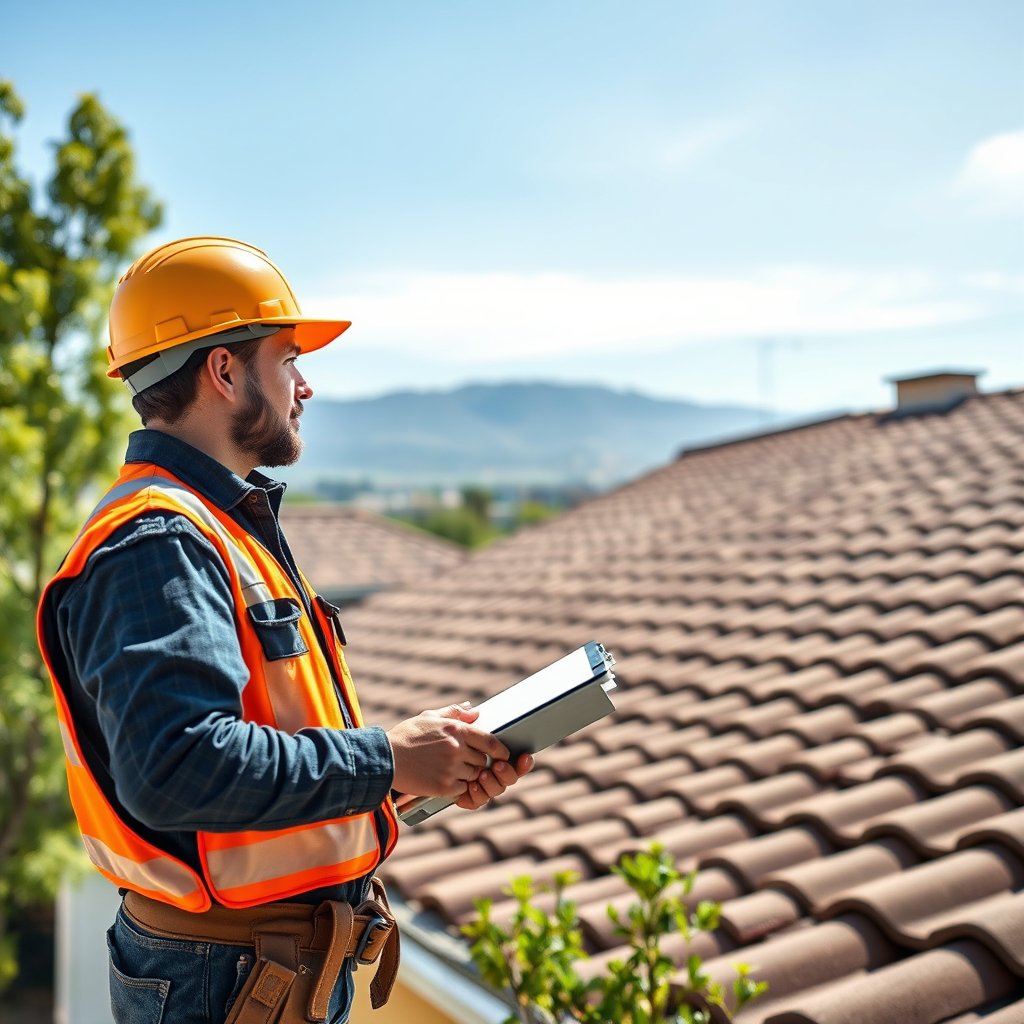 Roof inspection in progress on a Fallbrook San Diego County home with a mountainous backdrop.