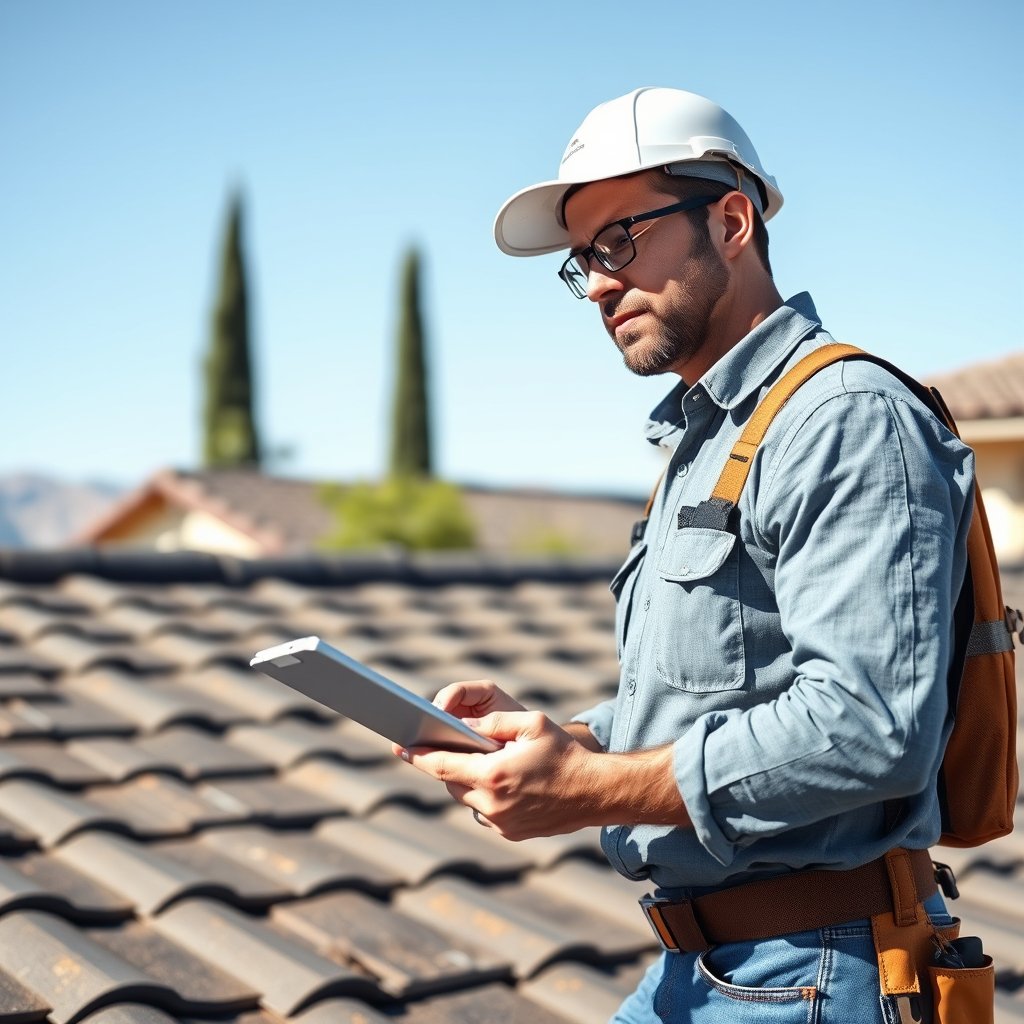 Roof inspection in progress on a residential roof in French Valley Riverside County by a local roofing professional.