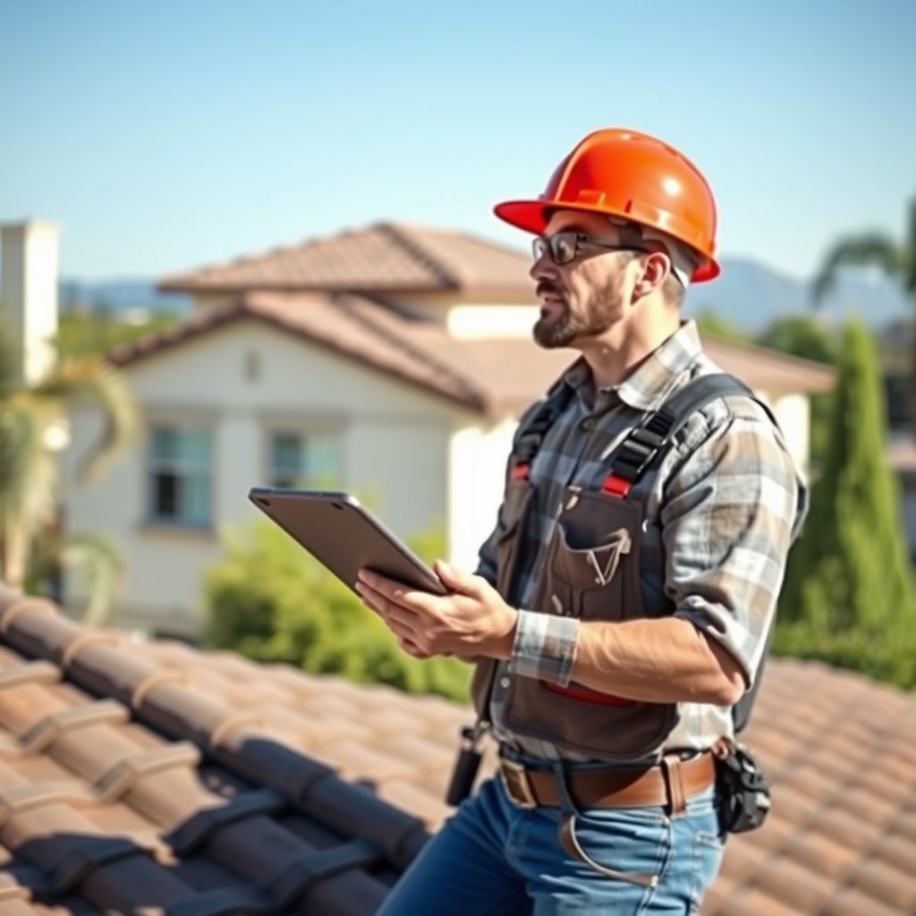 Roof inspection in progress on a residential roof in Murrieta Riverside County.