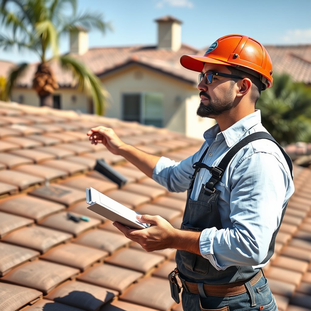 Roof inspection and maintenance preparation on a terracotta tile roof in Wildomar Riverside County