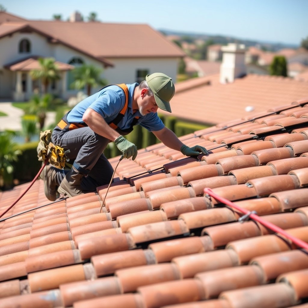 Roofing repair and tile replacement in progress on a Fallbrook San Diego County residential roof.