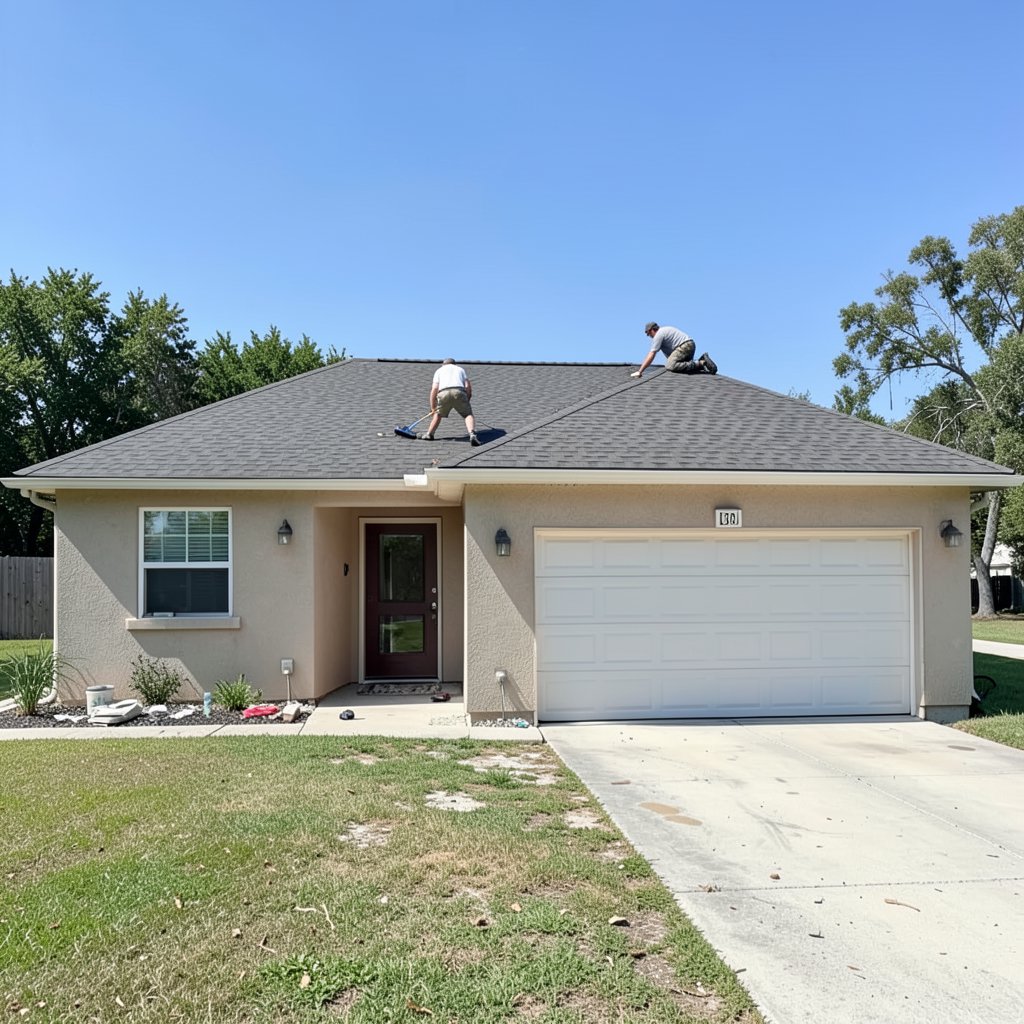 Roofers performing roof repair on a stucco home with a garage in French Valley Riverside County