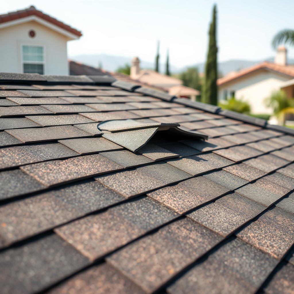 Roofing repair technician inspecting a missing shingle on a residential roof in Lake Elsinore Riverside County.