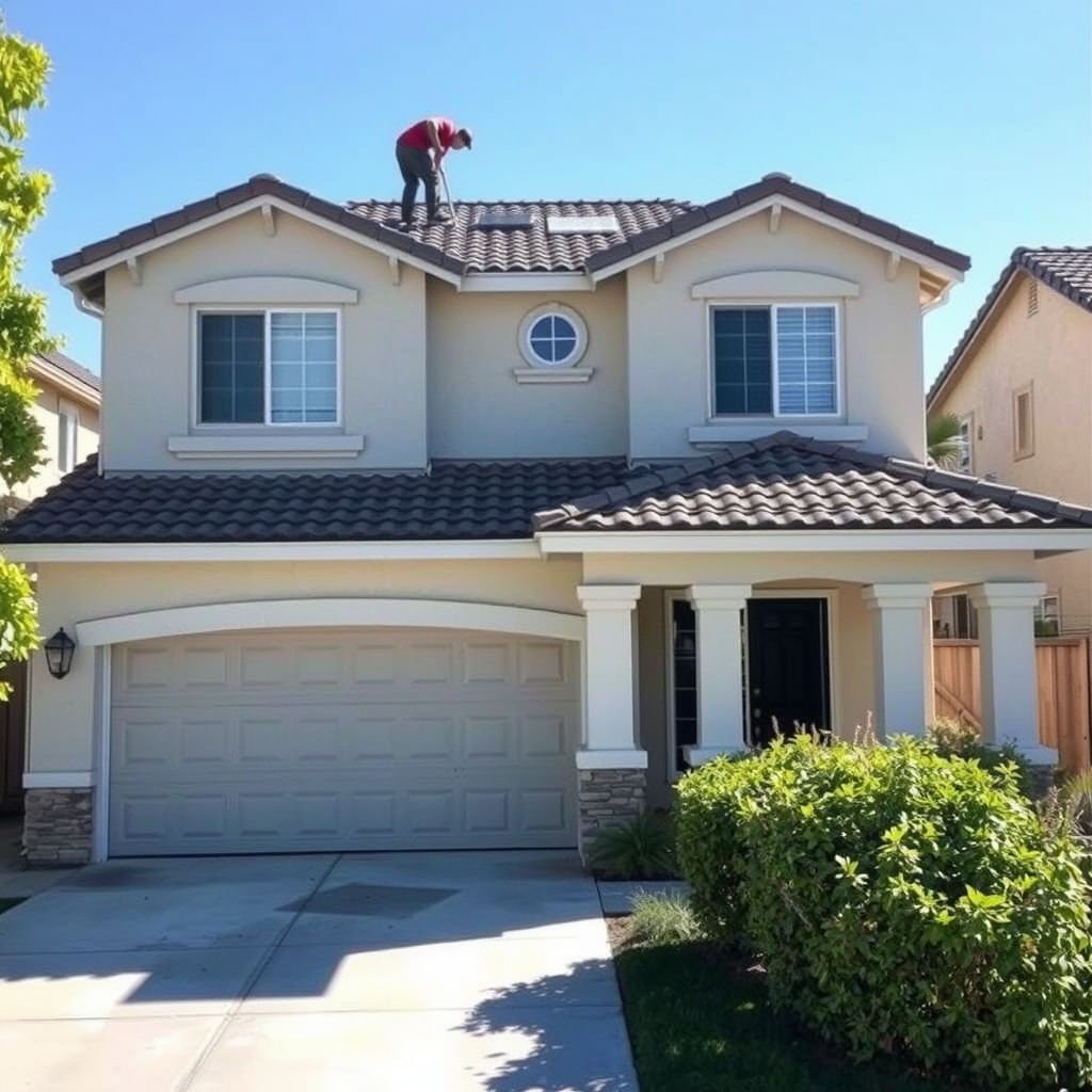 Roof repair in progress on a two-story home in Murrieta, Riverside County, with a roofer installing new shingles amidst ex...