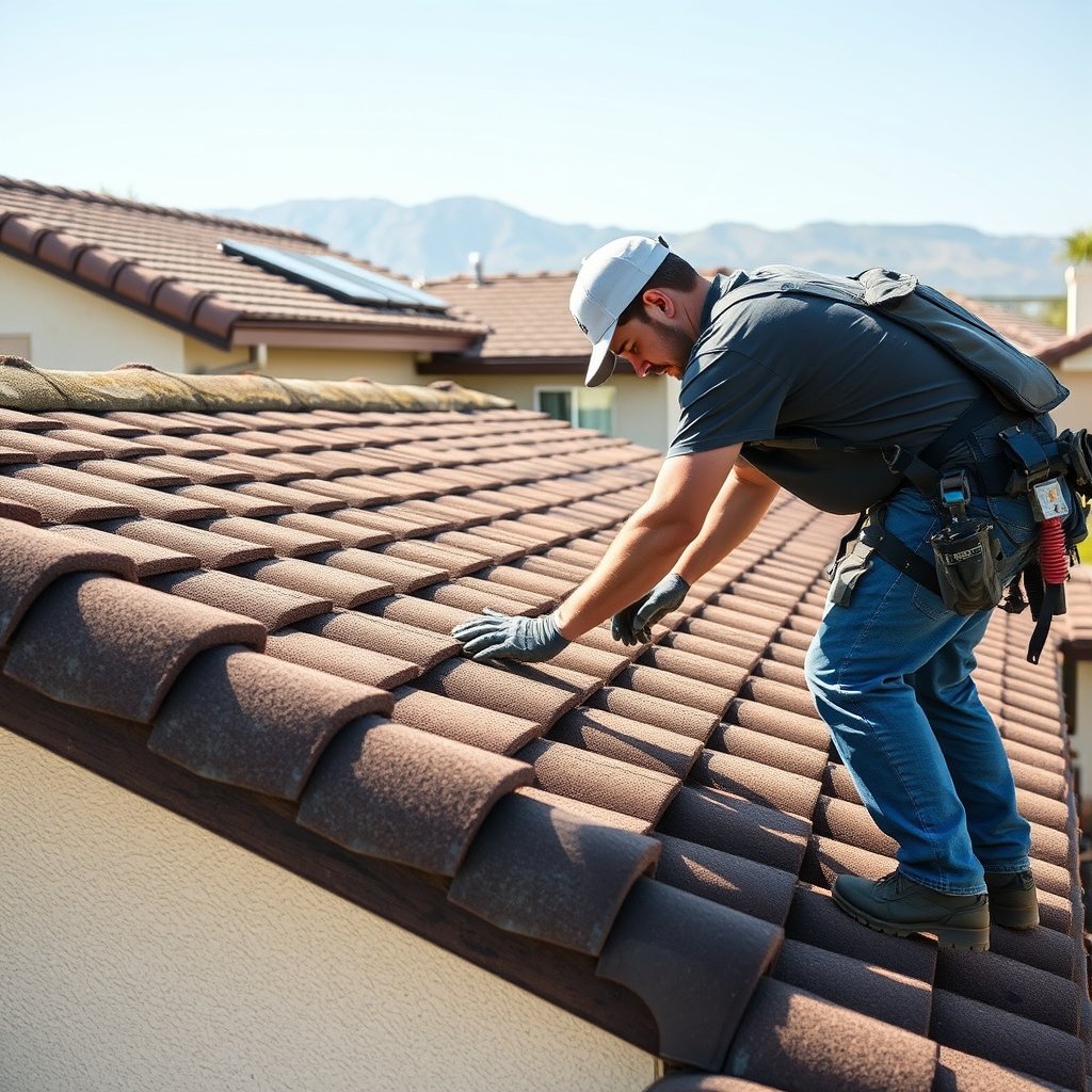 Roof inspection in progress on a residential house in Wildomar Riverside County.