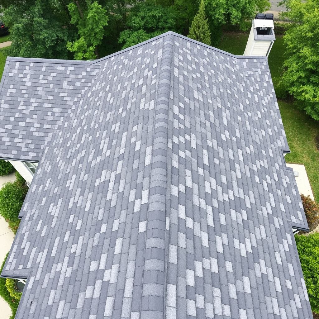 Roofing professionals inspecting a gray roof with a chimney in a lush green yard in Temecula California.