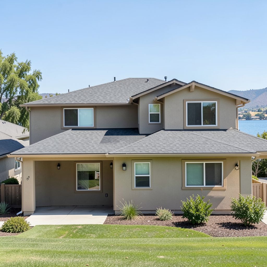 Roofing professional installs new roof on single-story home in Lake Elsinore, Riverside County.