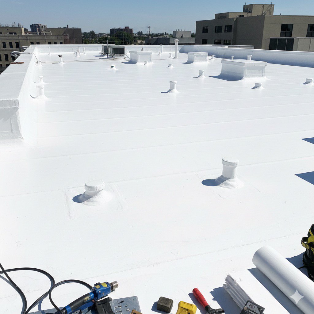 Flat roof TPO membrane installation showing proper drainage design