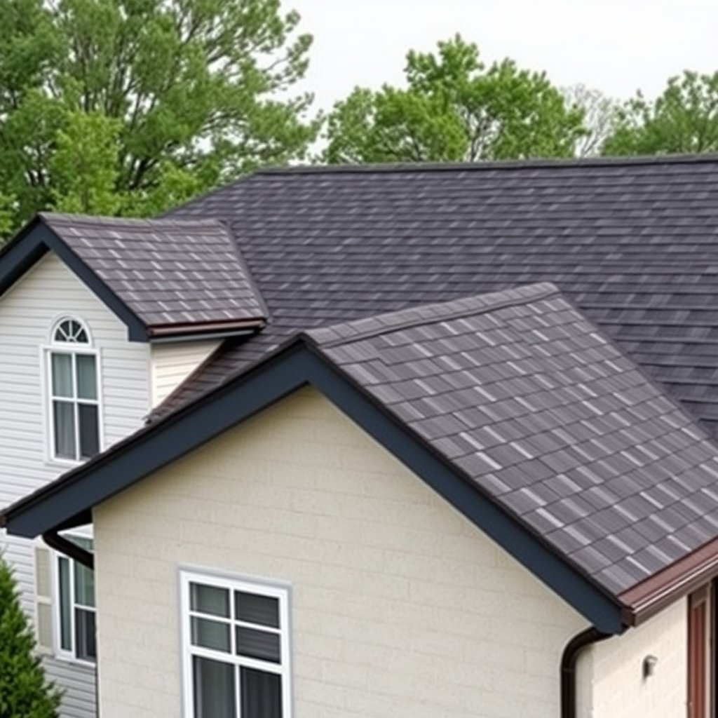 Roofing installation on a residential roof with a dark gray shingle design in Temecula, CA.