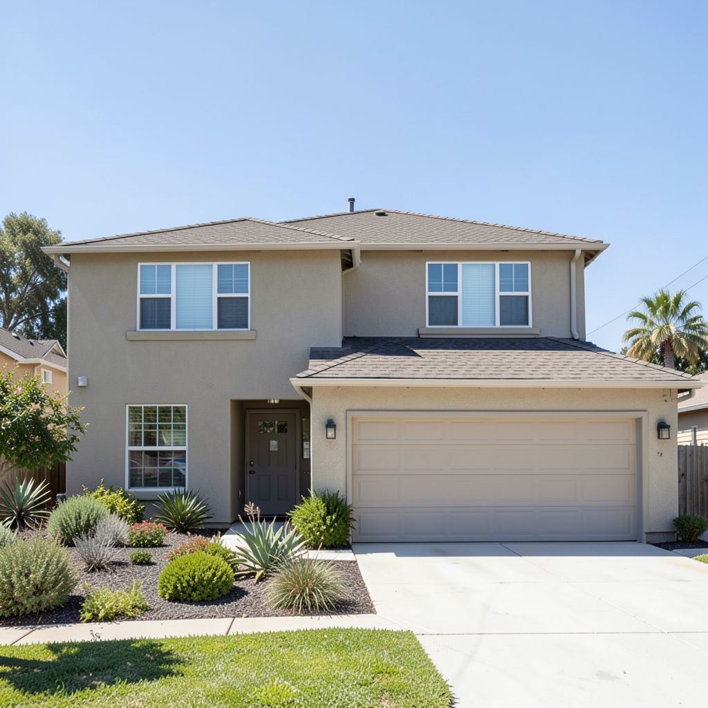 Residential home in Fallbrook San Diego County with weathered wood tone asphalt shingles.