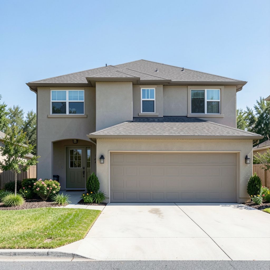 Residential home in Menifee, Riverside County, features weathered wood tone asphalt shingles on a two-story exterior.