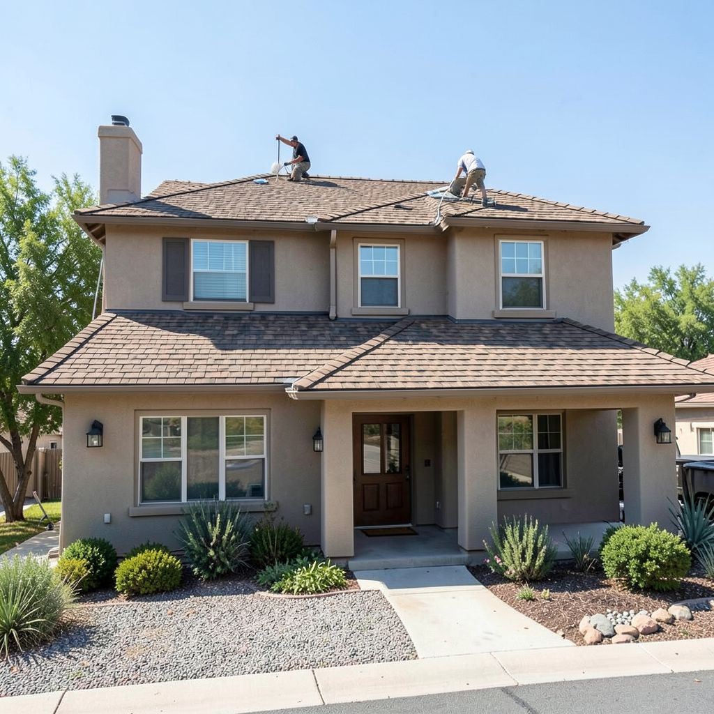 A roofer installs charcoal gray architectural asphalt shingles on a single-story home in Murrieta, Riverside County.