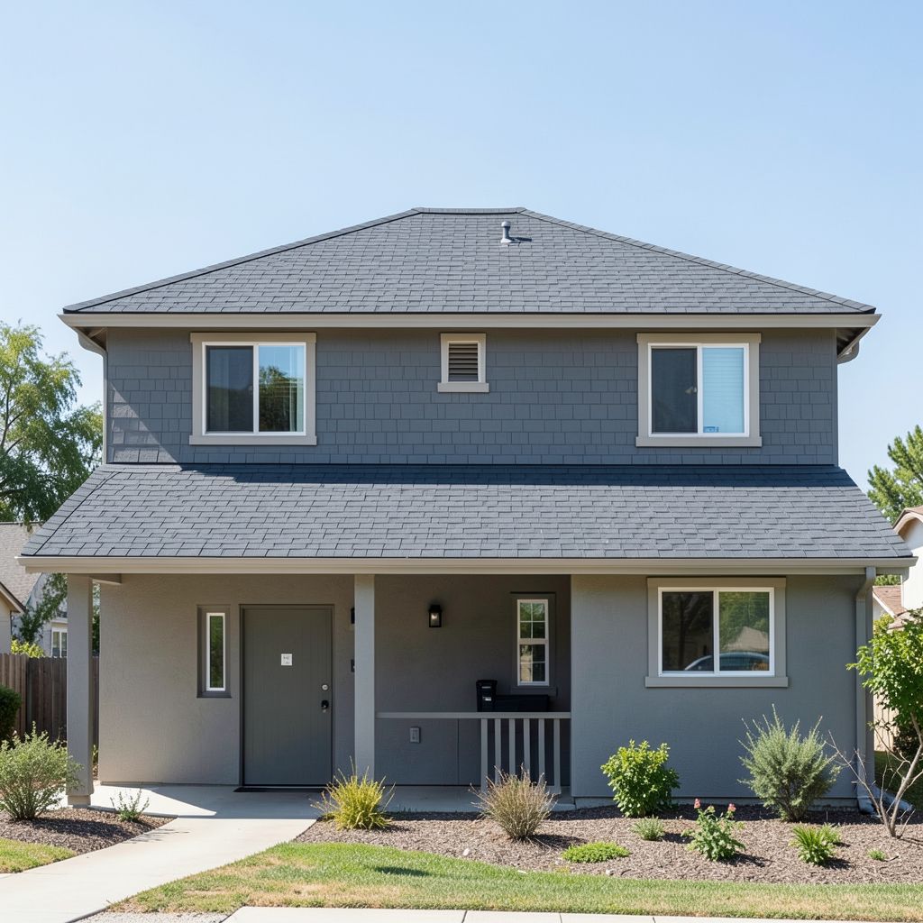 Charcoal gray asphalt shingles adorn a two-story residential home in Temecula, Riverside County.