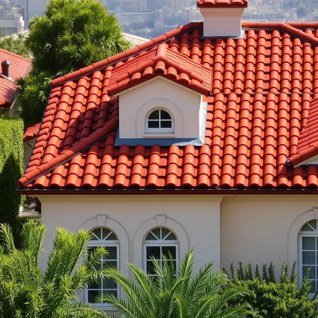 Roofing installation on a residential house with a red-tiled roof in Temecula, California.