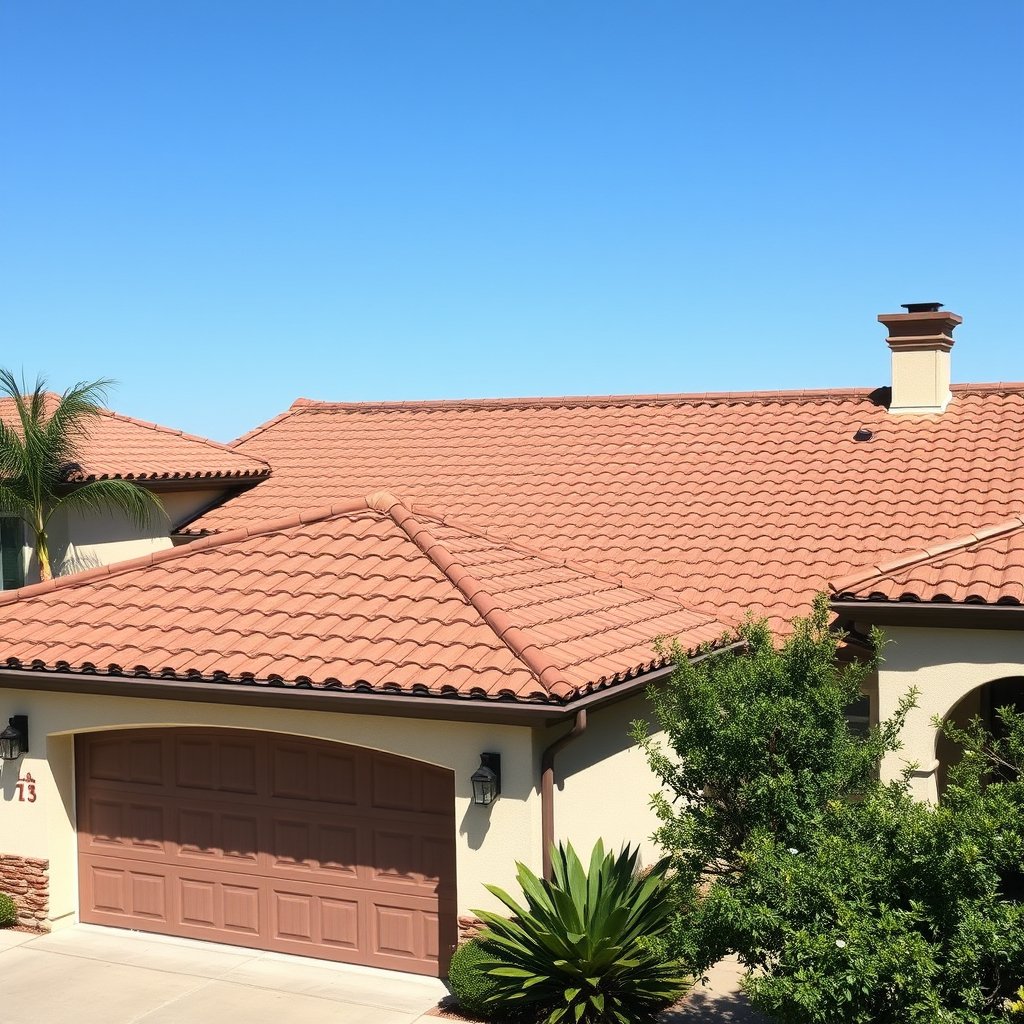 Roofing installation on a single-story house with red clay tile roof in Temecula, California.