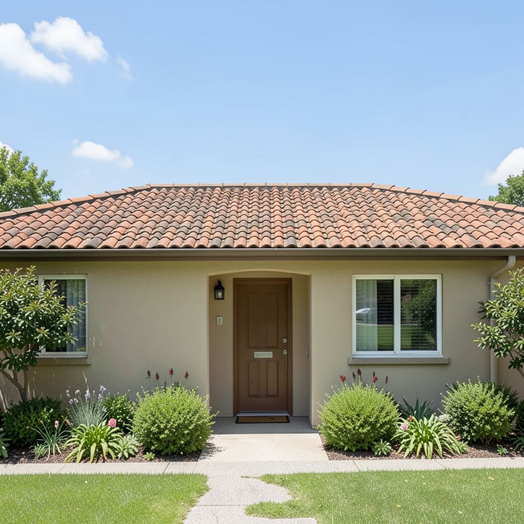 Residential home with clay tile roof in warm earth tones in Winchester Riverside County.